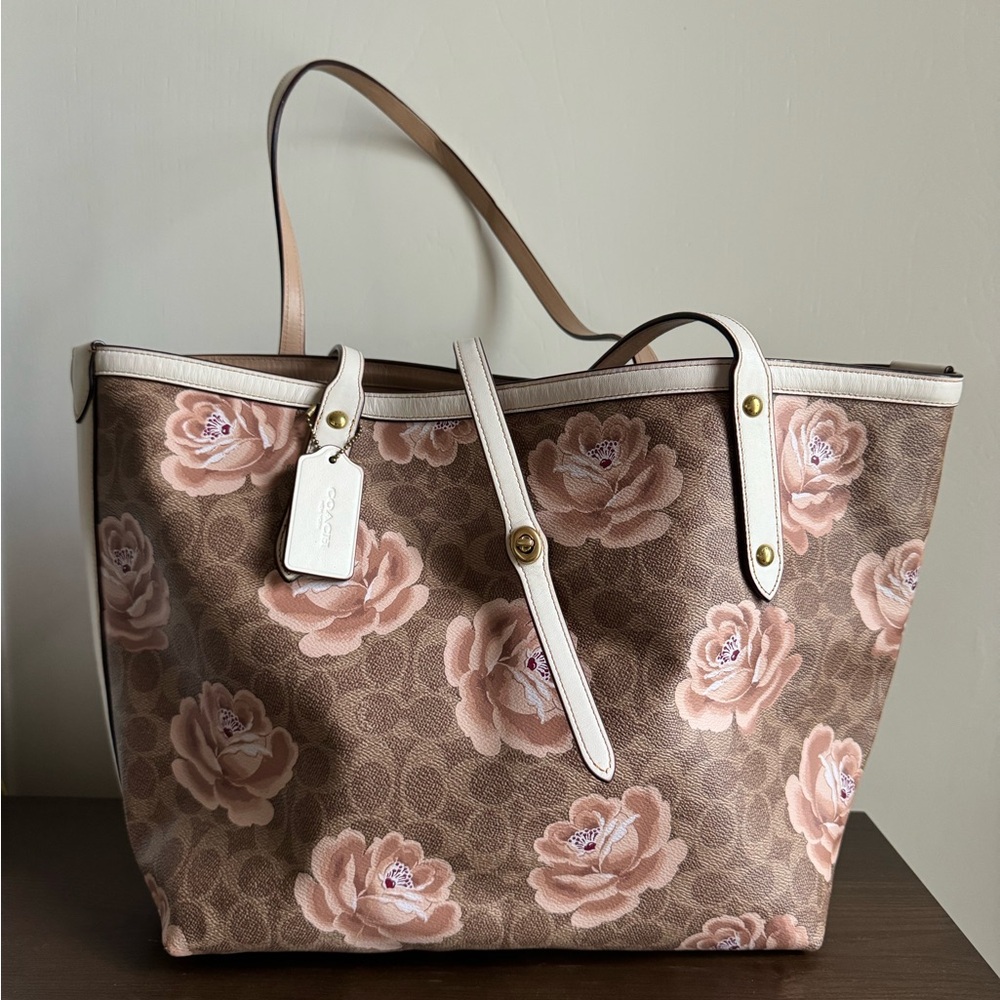 Coach Pink & Tan Floral Leather Tote Bag